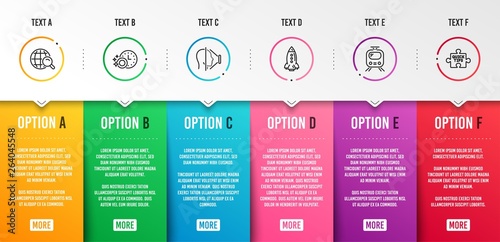 Face id, Train and Dishwasher timer icons simple set. Internet search, Rocket and Quick tips signs. Phone scanning, Tram. Technology set. Infographic template. 6 steps timeline. Business options