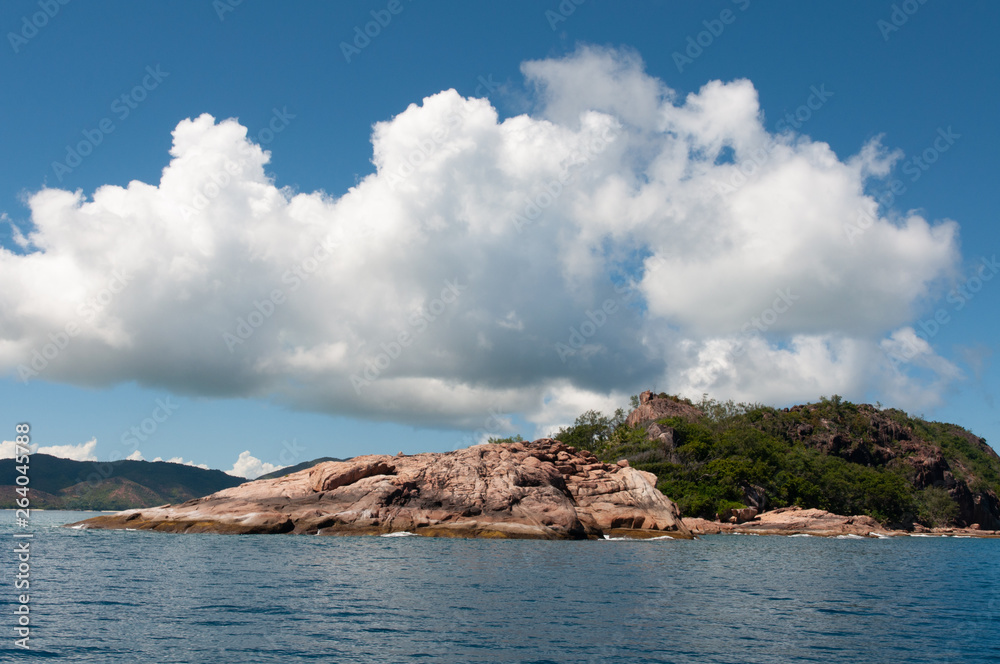 view of the rocky coastline of the Marine National Park of Curieuse island, Seychelles