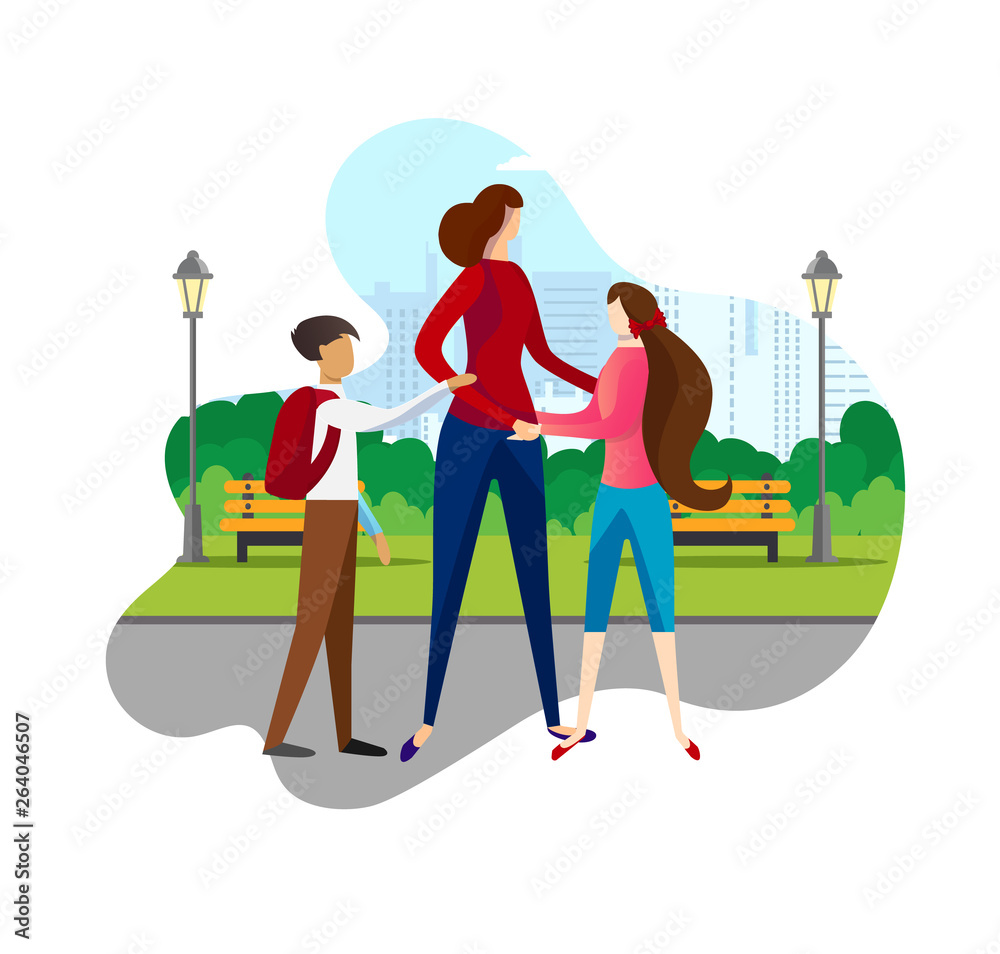 Children Walking with Mother after School in Park. Children Walking with Mother after School in Park.