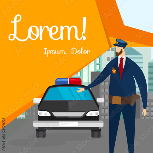 Policeman Standing in Front of Car on City Street.