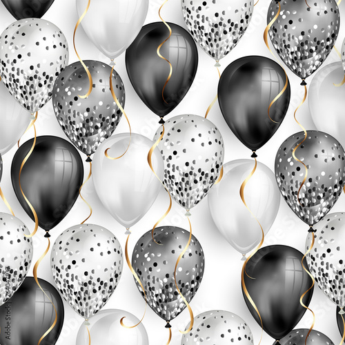 Seamless pattern glossy black and white shiny realistic 3D helium balloons with glitter and gold ribbon, perfect decoration for birthday party brochures, invitation card or baby shower