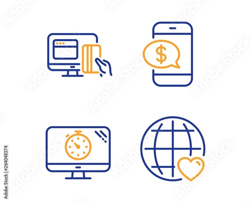 Online payment, Phone payment and Seo timer icons simple set. International love sign. Money, Mobile pay, Analytics. Internet dating. Technology set. Linear online payment icon. Colorful design set