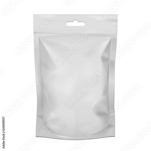 Mockup Blank Food Stand Up Flexible Pouch Snack Sachet Bag. Mock Up, Template. Illustration Isolated On White Background. Ready For Your Design. Product Packaging. Vector EPS10