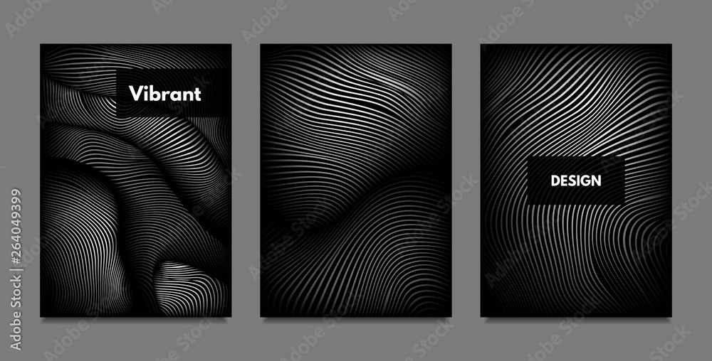 Distortion of Lines. Abstract Backgrounds with Vibrant Gradient and Wavy Stripes. Monochrome Cover Templates Set with Volume and Metallic Effect. Distorted Shapes for Business Presentation, Brochure.