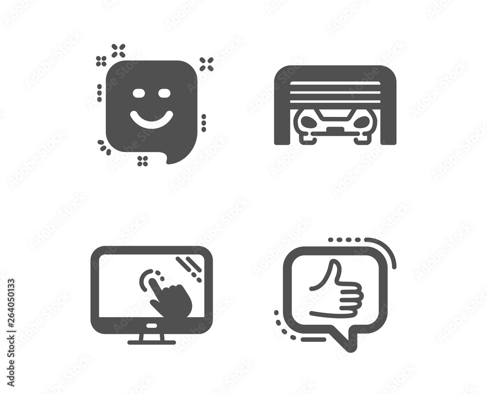 Set of Parking garage, Smile and Touch screen icons. Like sign. Automatic door, Positive feedback, Web support. Thumbs up. Classic design parking garage icon. Flat design. Vector Set of Parking garage, Smile and Touch screen icons. Like sign. Automatic door, Positive feedback, Web support. Thumbs up. Classic design parking garage icon. Flat design. Vector