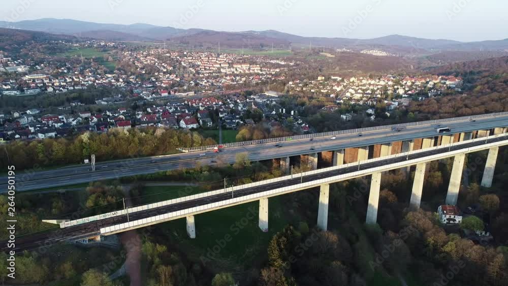 Highway and railroad bridge - aerial view, tracking shot Highway and railroad bridge - aerial view, tracking shot