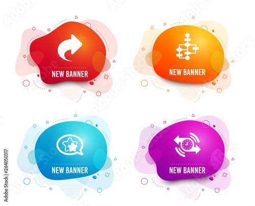 Liquid badges. Set of Share, Star and Block diagram icons. Timer sign. Link, Favorite, Algorithm path. Stopwatch.  Gradient share icon. Flyer fluid design. Abstract shapes. Vector