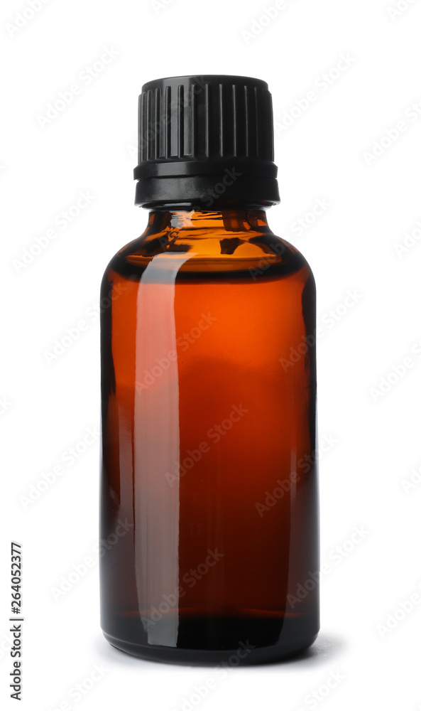 Bottle of essential oil isolated on white Bottle of essential oil isolated on white