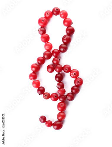 Treble clef made of cranberries on white background, top view. Musical notes