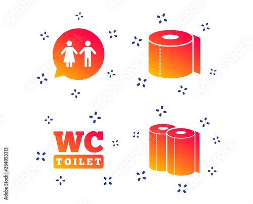 Toilet paper icons. Gents and ladies room signs. Paper towel or kitchen roll. Man and woman symbols. Random dynamic shapes. Gradient toilet icon. Vector