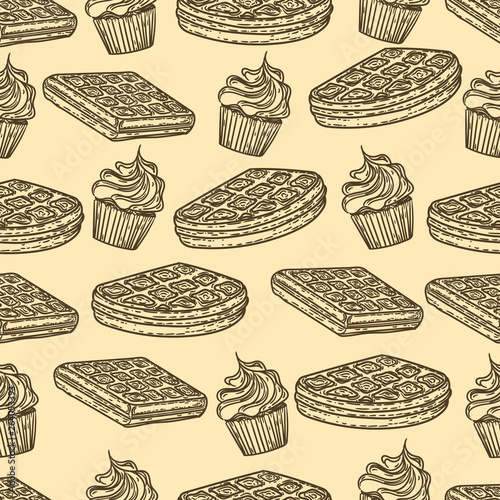 Seamless pattern of Belgian waffles and cakes in engraving style.