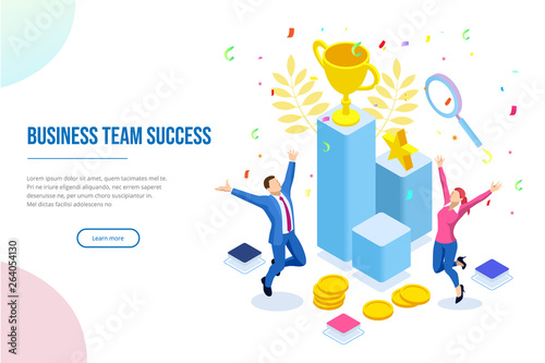 Isometric business team success, leadership, awards, career, successful projects, goal, winning plan, leadership qualities in a creative team, direction on a successful path concept