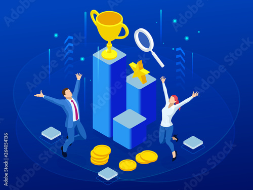 Isometric business team success, leadership, awards, career, successful projects, goal, winning plan, leadership qualities in a creative team, direction on a successful path concept