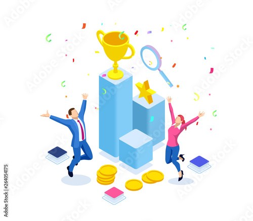 Isometric business team success, leadership, awards, career, successful projects, goal, winning plan, leadership qualities in a creative team, direction on a successful path concept
