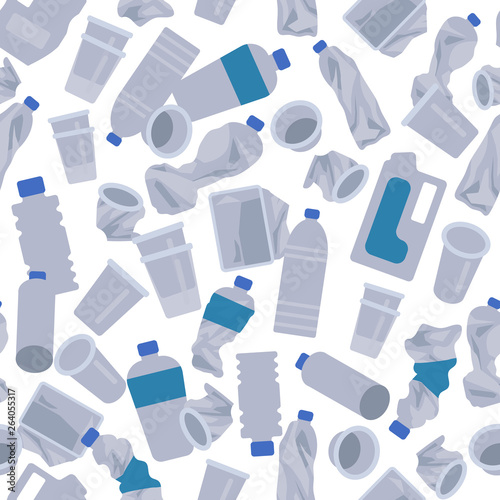 Plastic waste seamless pattern. Bottles and cups on a white background. vector illustration