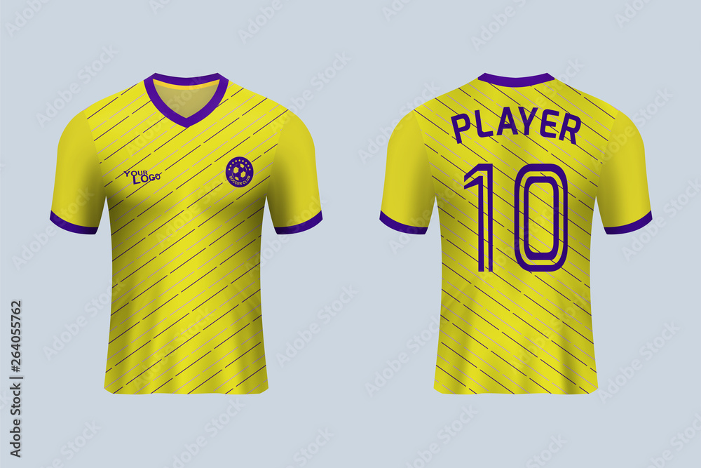 3D realistic mock up of front and back of yellow soccer jersey t-shirt .  Concept for football team uniform or apparel mockup template in design  vector illustration Stock Vector | Adobe Stock