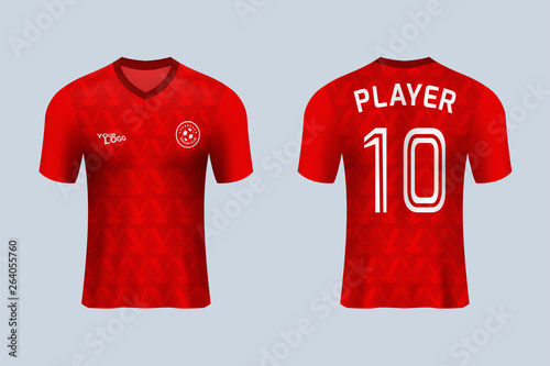 3D realistic mock up of front and back of red soccer jersey t-shirt . Concept for football team uniform or apparel mockup template in design vector illustration