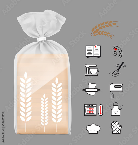Vertical bag mockup with bakery icon set. Vector illustration ready and simple to use for your design. Mockup will make the presentation look as realistic as possible. EPS10.	