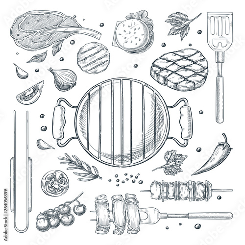 BBQ grill vector sketch illustration. Top view objects set, isolated on white background. Picnic menu design elements.