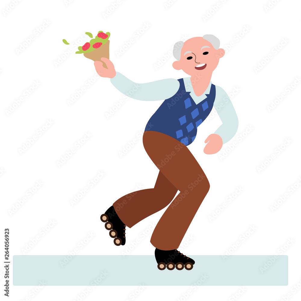 Fototapeta premium happy senior man roller skating with a bunch of flowers isolated on white background