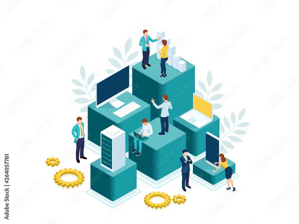 Isometric people work in a team and achieve the goal. People interacting with charts and analyzing statistics. Data visualization concept. Isometric people work in a team and achieve the goal. People interacting with charts and analyzing statistics. Data visualization concept.