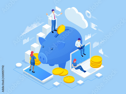 Isometric people and Business concept for Investment. Investment and virtual finance. Commerce solutions for investments, analysis concept.