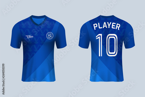 3D realistic mock up of front and back of blue soccer jersey t-shirt . Concept for football team uniform or apparel mockup template in design vector illustration