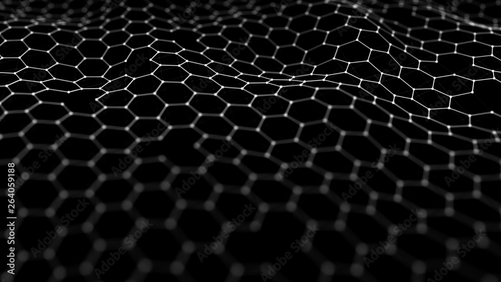 Futuristic black hexagon background. Futuristic honeycomb concept. Wave of particles. 3D rendering. Futuristic black hexagon background. Futuristic honeycomb concept. Wave of particles. 3D rendering.