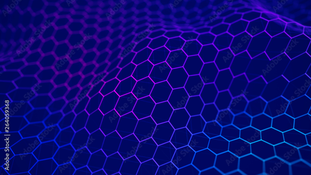 Futuristic blue hexagon background. Futuristic honeycomb concept. Wave of particles. 3D rendering. Futuristic blue hexagon background. Futuristic honeycomb concept. Wave of particles. 3D rendering.