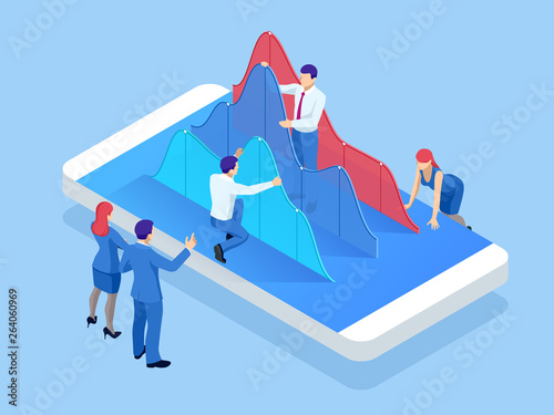 Isometric mobile phone with chart diagram. Business trend analysis. Concept of mobile payments, personal data protection.