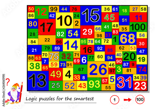 Logic puzzle game for smartest. Find and count all the numbers from 1 to 100. Task for attentiveness. Printable page for brain teaser book. Developing spatial thinking skills. Vector cartoon image.