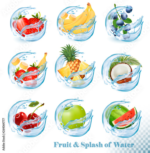 Big collection of fruit in a water splash icons. Pineapple, apple, banana, watermelon, blueberry, guava, strawberry, coconut, cherry, raspberry, orange. Vector Set