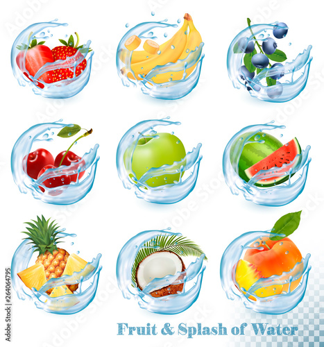 Big collection of fruit in a water splash icons. Pineapple, apple, banana, watermelon, blueberry, guava, strawberry, coconut, cherry, raspberry, orange. Vector Set