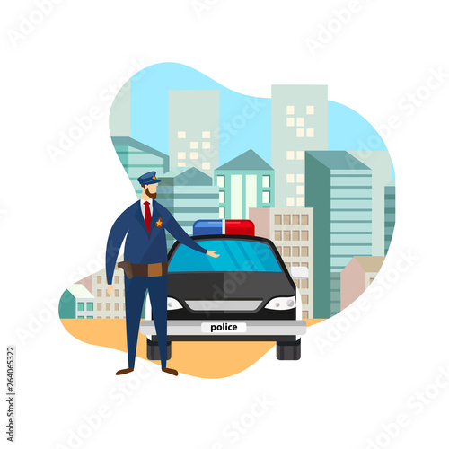 Front View Police Officer Standing at Working Car.