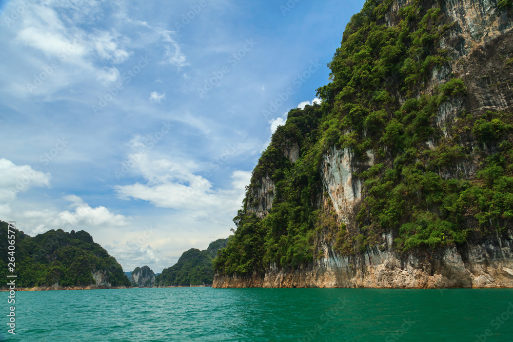 Beautiful landscape of Khao sok national park with long tail boat at suratthani,Thailand