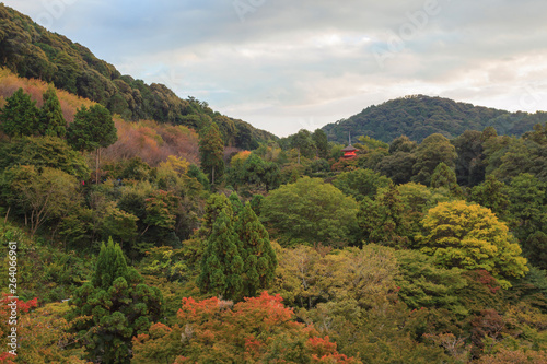 Beautiful hill in Kiyomizu-dera temple at sunset against blue sky background, Kyoto, Japan