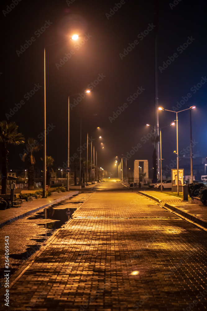 a good looking shoot from a coast road - wet stone road under city lights