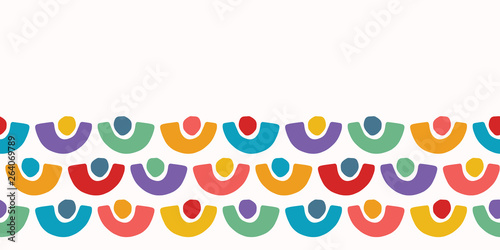 Abstract organic cut out half circle shape. Vector border pattern seamless background. Hand paper cutting matisse style. Collage illustration. Trendy kid fashion edge stripe trim. Rainbow dot colors.