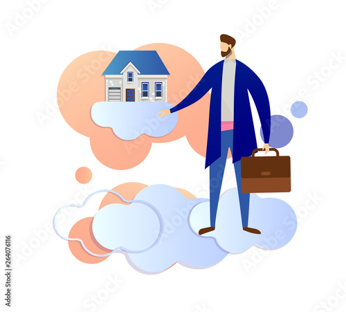 Man in Modern Coat Pointing on House Building.
