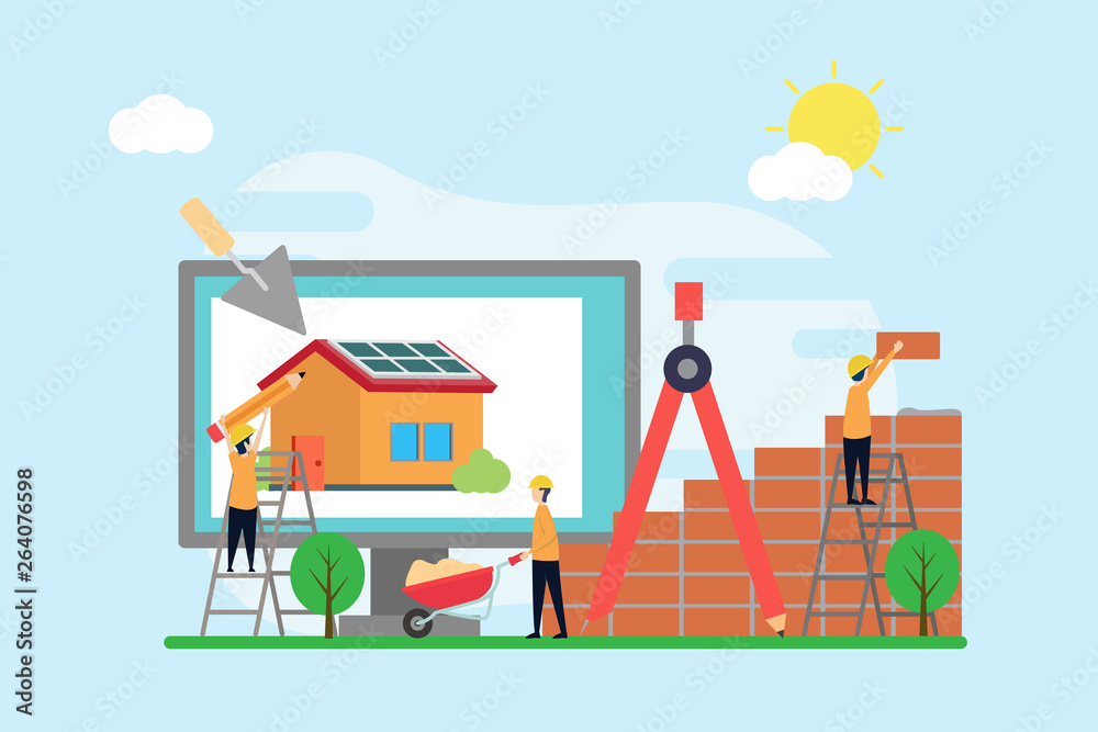 Naklejka premium construction creative illustration vector of home graphic , small people in construction illustration vector , home architecture , home concept vector
