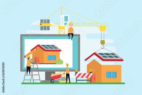 construction creative illustration vector of home graphic , small people in construction illustration vector , home architecture , home concept vector