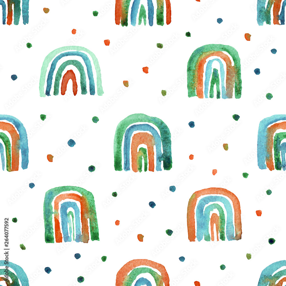 Seamless pattern of hand made watercolor rainbows. PolkaDot background with cute watercolor elements for design, nursery, baby and kids products Seamless pattern of hand made watercolor rainbows. PolkaDot background with cute watercolor elements for design, nursery, baby and kids products