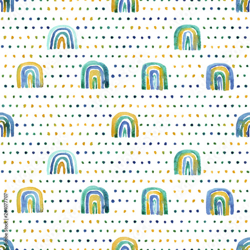 Seamless pattern of hand made watercolor rainbows. PolkaDot background with cute watercolor elements for design, nursery, baby and kids products