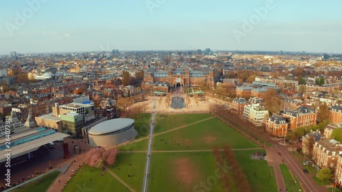 Aerial view of the Van Gogh Museum in Amsterdam by the beautiful  Vondelpark. View from above. photo