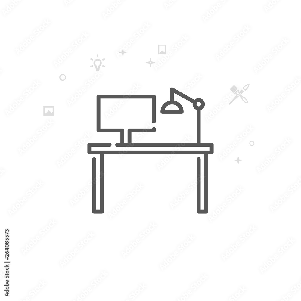 Designer's Workplace Vector Line Icon, Symbol, Pictogram, Sign. Light Abstract Geometric Background. Editable Stroke Designer's Workplace Vector Line Icon, Symbol, Pictogram, Sign. Light Abstract Geometric Background. Editable Stroke
