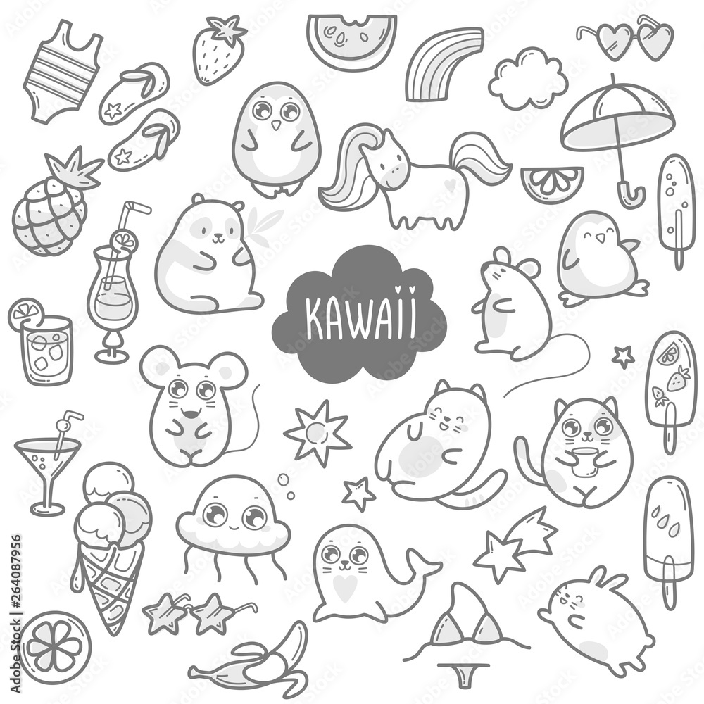 Fototapeta premium Kawaii cute collection of super cute animals jellyfish, panda, bear, pony, penguin, fur seal, seal, cat, kitten, rabbit, hare, mouse and summer sweets and elements. 