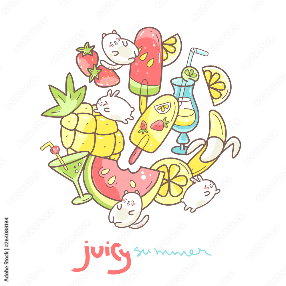 Fototapeta premium Kawaii cute round illustration with summer sweet food, ice-cream, fruits and coctails and funny characters jumping between desserts.