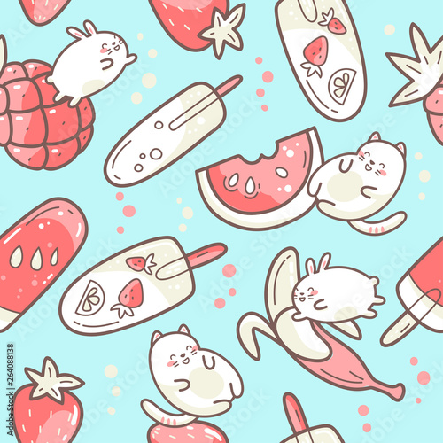Kawaii cute seamless pattern with summer sweet food, ice-cream, fruits and funny characters jumping between desserts.
