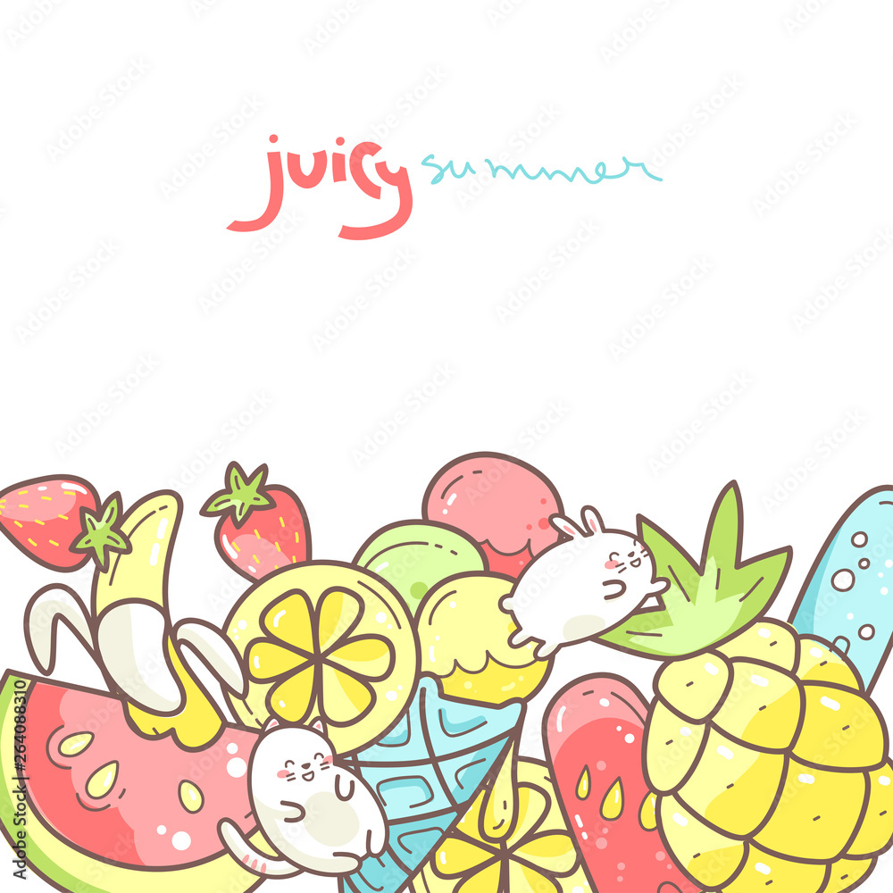 Naklejka premium Kawaii cute background with summer sweet food, ice-cream, fruits and funny characters jumping between desserts