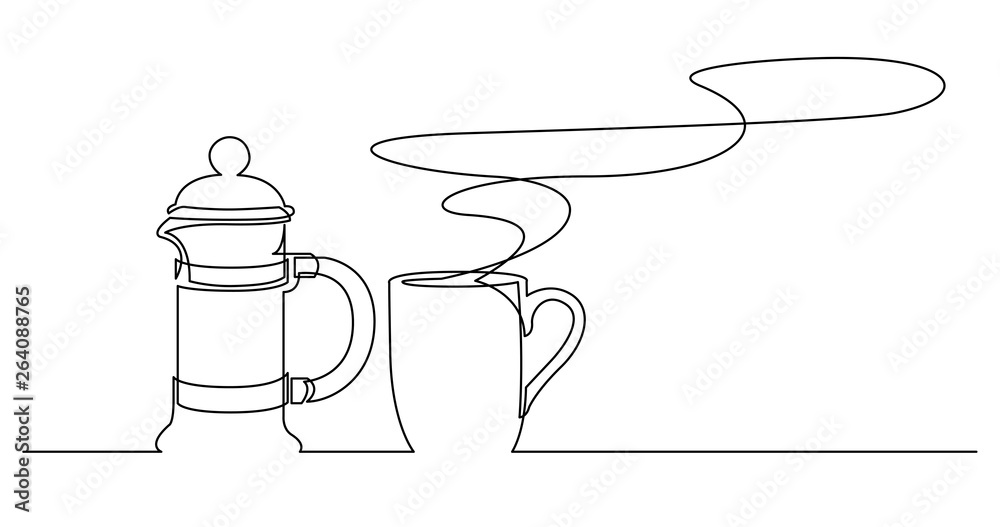 continuous line drawing of hot fresh aroma cup of coffee and french press